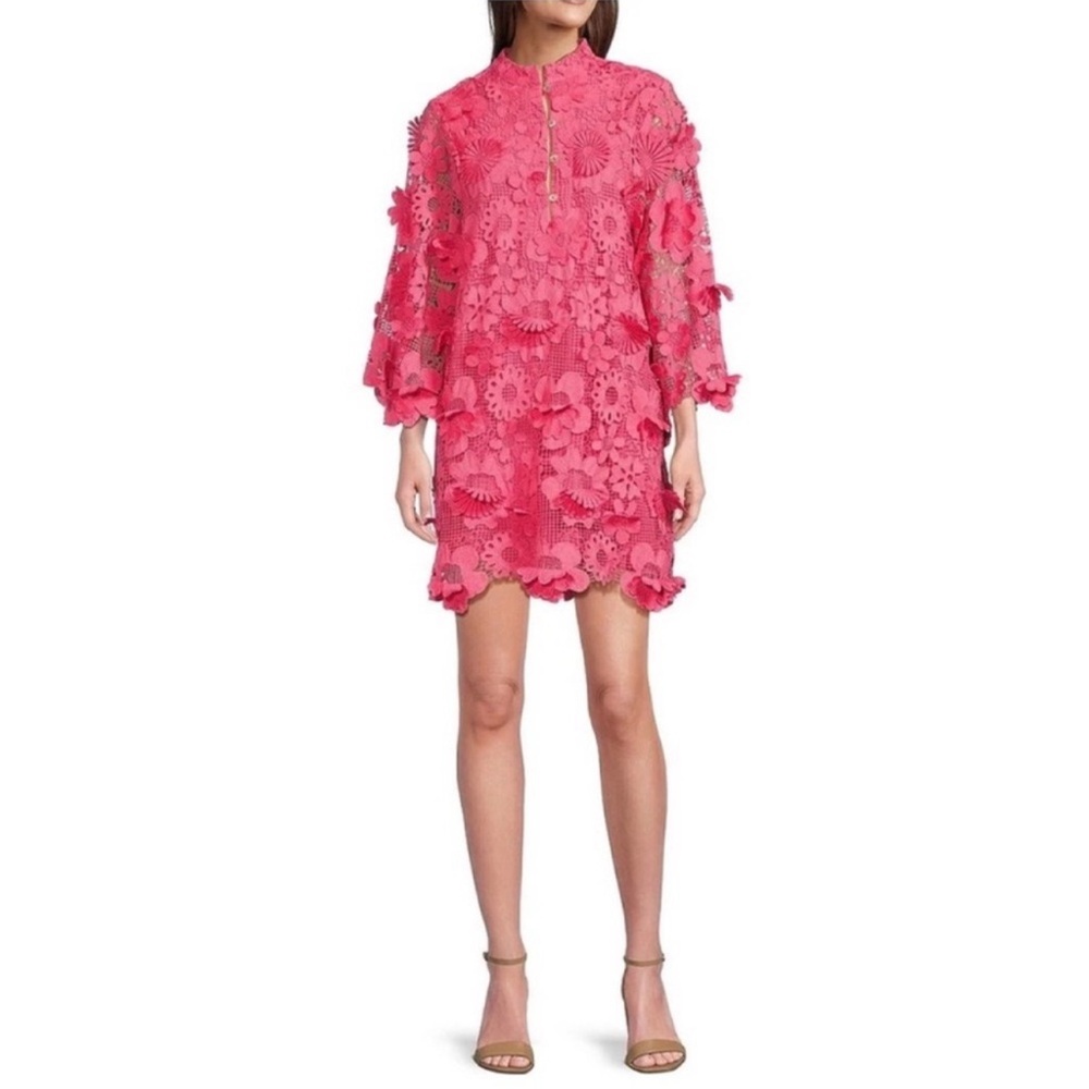 NWT J.Marie Seraphina Floral 3D Lace Split Round Button Up Neck Shift Dress Sz M - Picture 7 of 13